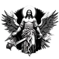 Jesus standing tall with the armor of God on full body and angelic tattoo design idea