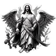 Jesus standing tall with the armor of God on full body and angelic tattoo design idea