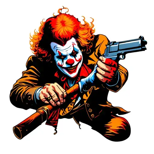 sinister clown with a gun in hand tattoo design idea