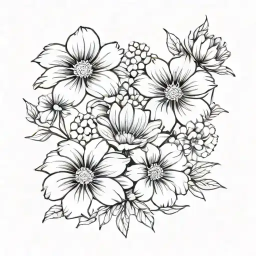cosmos flowers, violets flowers, morning glory flowers, chrysanthemums flower together in boutique  tattoo design idea