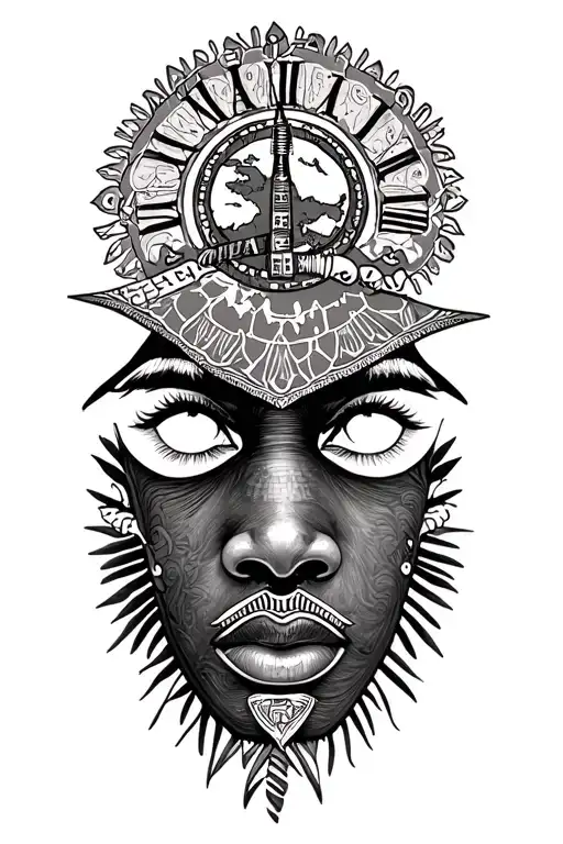 a africanist themed tatto some details of Zulu culture , african symbols, african time symbols, and the map tattoo design idea