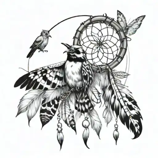 dream catcher with Hawke feathers, lady bug, cardinal, monarch butterfly  tattoo design idea
