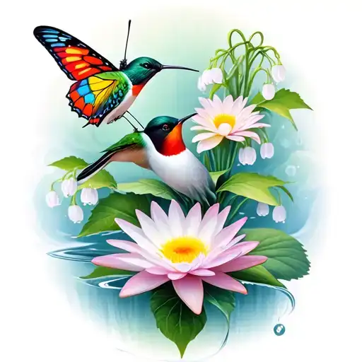 butterfly, hummingbird, water lily, daisy, lily of the valley tattoo design idea