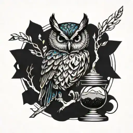 brown owl with a blue broken hour glass with little sand on a tree branch tattoo design idea