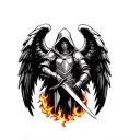 hooded, symmetrical, armored angel holding a sword. No face. Flames at the feet. Simple design tattoo design idea