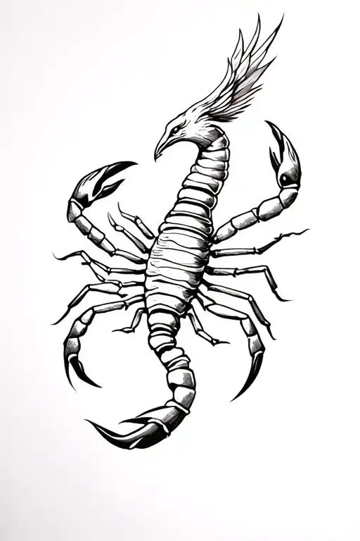 Forearm tattoo design, detailed line work, combining:- Realistic scorpion with stylized tail- Abstract phoenix with fl tattoo design idea