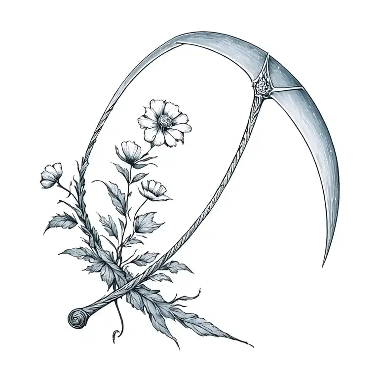 Scythe (eastern european model), minimalist, with flowers, that symbolises growth tattoo design idea