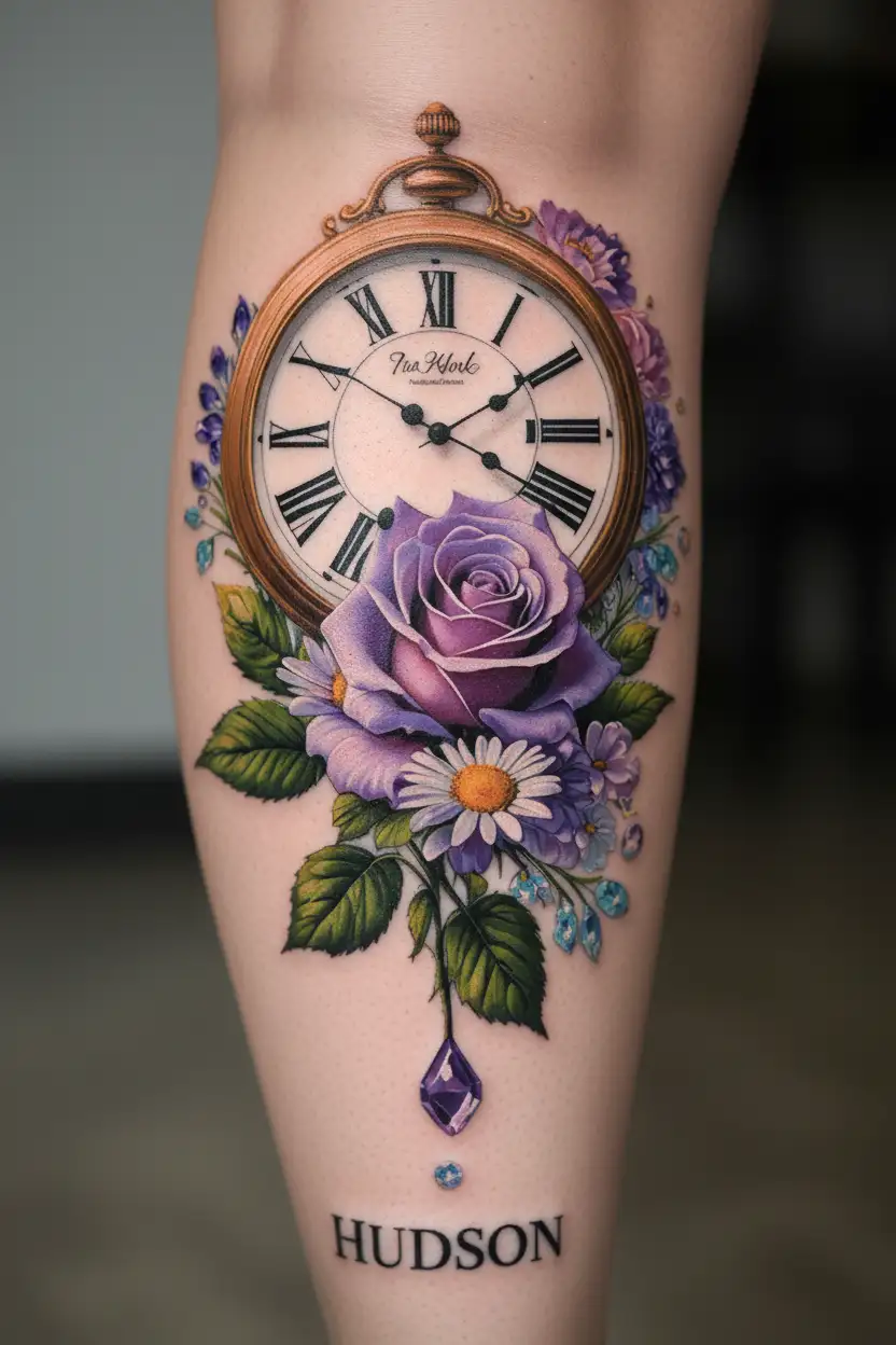 "HUDSON" clock, rose, violet, amethyst, daisy, moonstone tattoo design idea