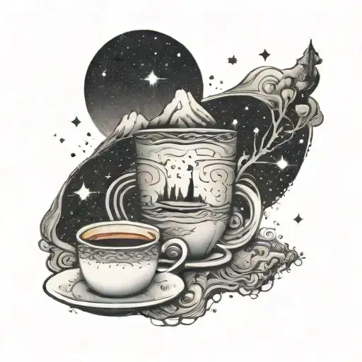 Abstract beach scene with coffee cups and a winding road symbolizing long drives, with the Gemini constellation subtly integrated tattoo design idea