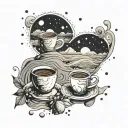 Abstract beach scene with coffee cups and a winding road symbolizing long drives, with the Gemini constellation subtly integrated tattoo design idea