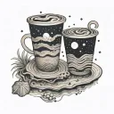 Abstract beach scene with coffee cups and a winding road symbolizing long drives, with the Gemini constellation subtly integrated tattoo design idea