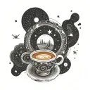 Abstract beach scene with coffee cups and a winding road symbolizing long drives, with the Gemini constellation subtly integrated tattoo design idea