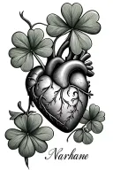 four leaf clover with names in leaves attached to a live heart with a name tattoo design idea