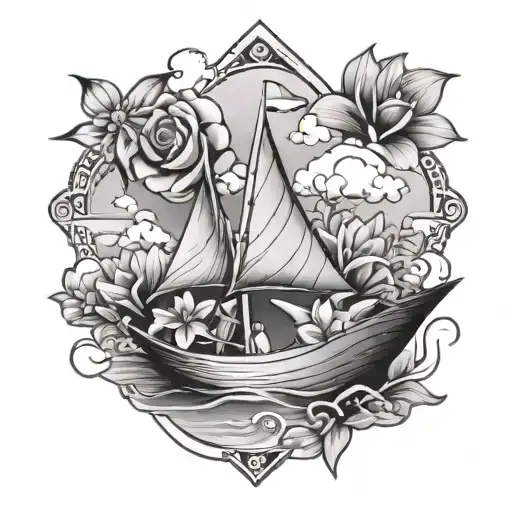 maui paper boat with flowers and clouds tattoo design idea