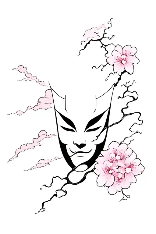 kabuki mask with cherry blossom and thunder clouds tattoo design idea