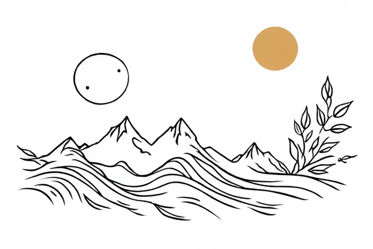 minimalistic, sun, moon, fire, icean wave, leaves and mountain tattoo design idea