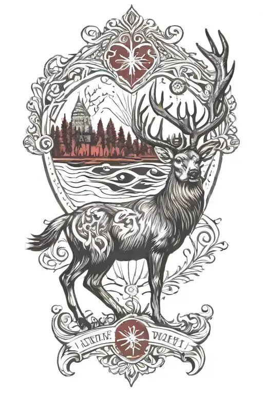 Hunting style, deer, with latvian symbolic or flag (blood red - white - blood red ) tattoo design idea