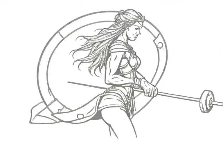 shield maiden turned to the side holding a barbell with Norse symbols representing power and strength incorporated  tattoo design idea
