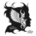 Devil and crescent moon on the back. The inscription "THE SEVEN DEADLY SINS" tattoo design idea