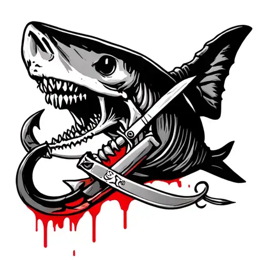 Skeleton shark, hook + knife crossed, or a harpoon with blood drip. tattoo design idea