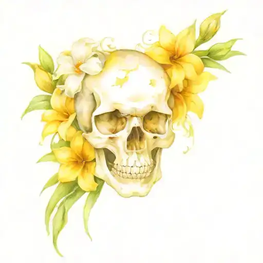 Skull with daisy, gladiolus and narcissus  tattoo design idea