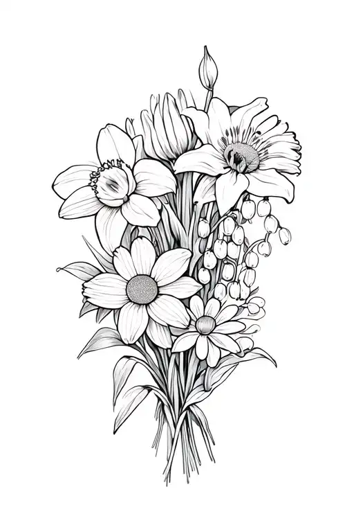birth flower bouquet with 2 daffodils, 1 lily of the valley, 1 marigold, 1 chrysanthemum, and 1 narcissus tattoo design idea