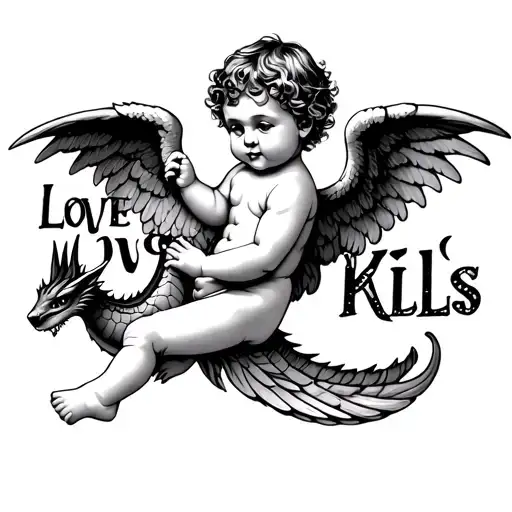 cupid baby with wings in the air holding a draco and the word in big text "Love Kills" black and white tattoo design idea