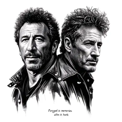 Head of bruce springsteen, peter maffay, phil collins, connectes caption below: Forged in memories, alive in herats tattoo design idea