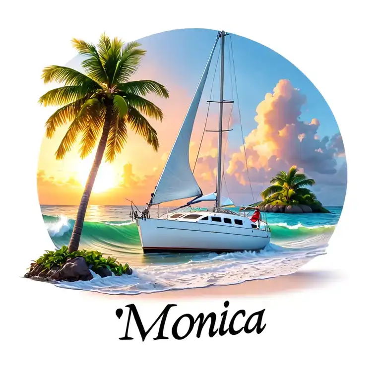 "Monica" "Monica" name in sand  and waves white catamaran sailing, sunrise, small island palm, ocean beach tattoo design idea