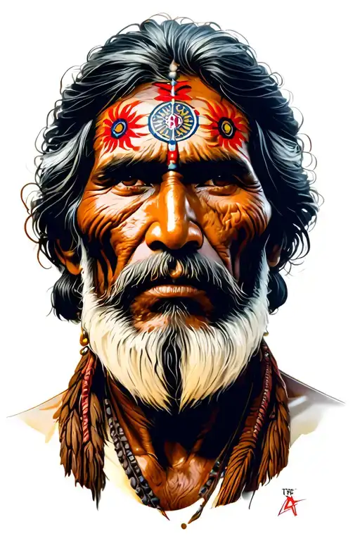 eve Indian man with wrinkles and on his face symbols of their cultures tattoo design idea