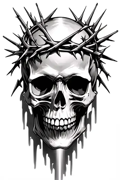 skull with crown of thorns wrapped with light shinning down on it tattoo design idea
