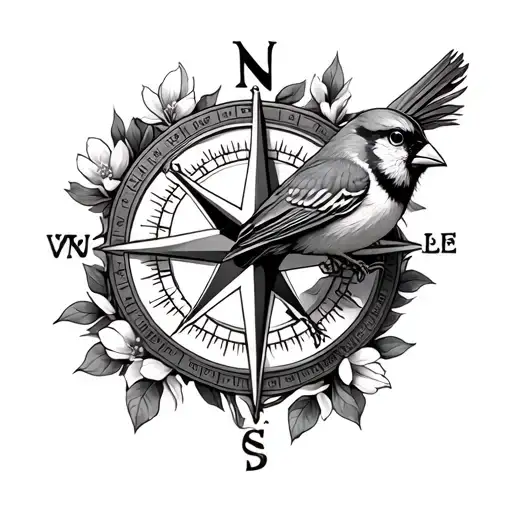 cardinal perched on a compass made with dogwood flower tattoo design idea