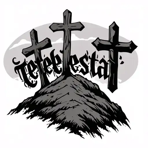 3 crosses on a hill with the word tetelestai tattoo design idea