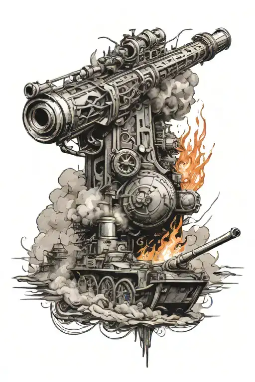 Slavic patterns, Svarog with a cut eye, ships shrouded in fire, with guns and a howitzer, war and texture tattoo design idea