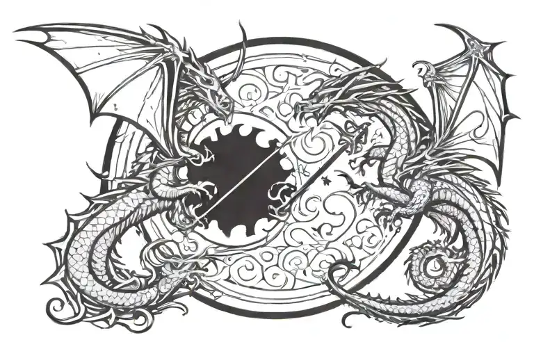  two dragon silhouettes, flying in a circle and shadows billowing a sword between them with a snowflake ontop tattoo design idea