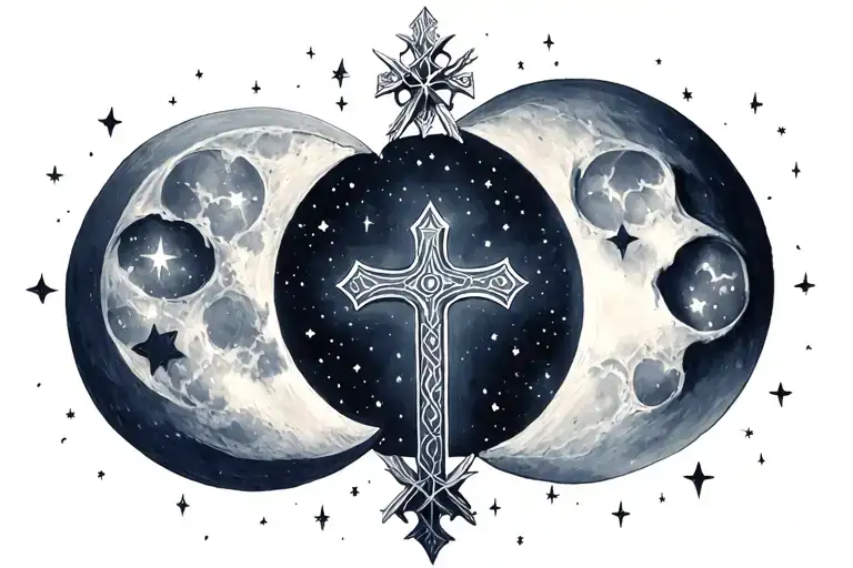 triple moon surrounded with stars with a cross in middle moon tattoo design idea