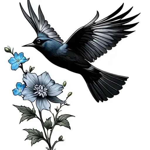 Forget Me Not Flower being carried by a bird flying tattoo design idea