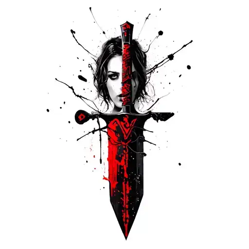 composition, a woman's face coming out of a dagger, the whole entangled with a block wire tattoo design idea