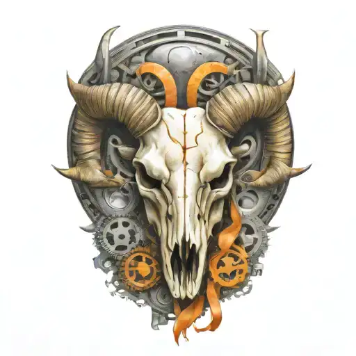 rocky mountain ram skull,  tattered orange ribbon, gears, airbrushed, chrome tattoo design idea