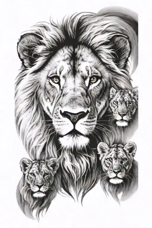 Lion, wife and cubs face only tattoo design idea