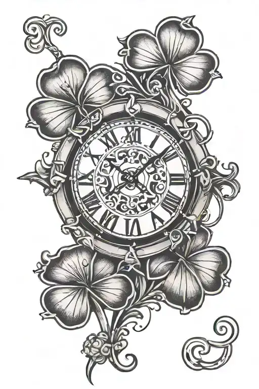 4 leaf clover clock hands tattoo design idea