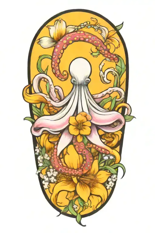 snowdrop, rose, marigold, octopus tentacles tattoo design idea