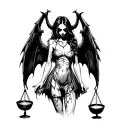 A scary girl in a ripped sexy dress with demon wings, who holds scales with bowls in her hands tattoo design idea