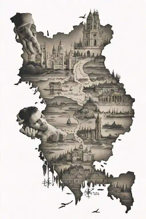 family holding hands travelling around the world map with landmarks from Venice, Milan, turkey and Budapest behind  tattoo design idea