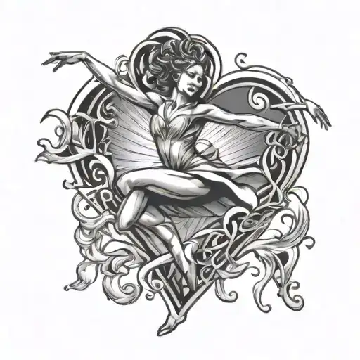 Create a tattoo of a dancer gracefully leaping inside a heart outline tattoo design idea