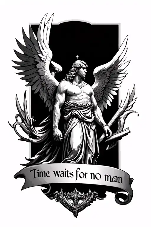 Saint Michael and "time waits for no man" tattoo design idea