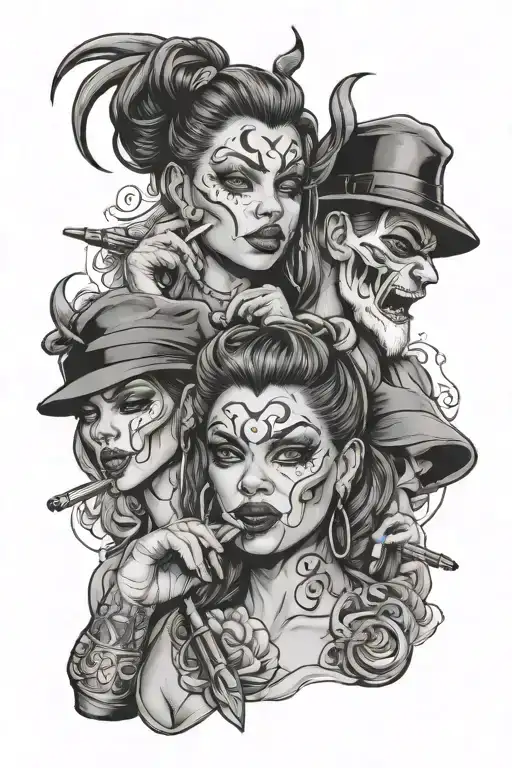 hear no devil see no evil speak no eveil  gangster girl money gangster Los Angeles tattoo design idea