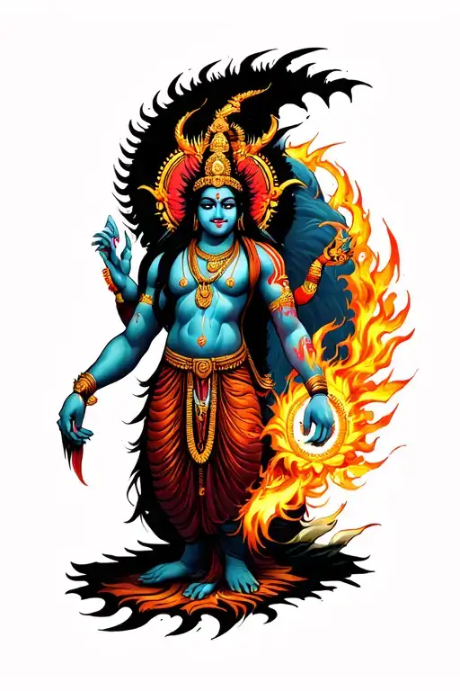 A hindu god-like, humanoid figure with monstrous Destroyah-inspired elements — blending divine power tattoo design idea