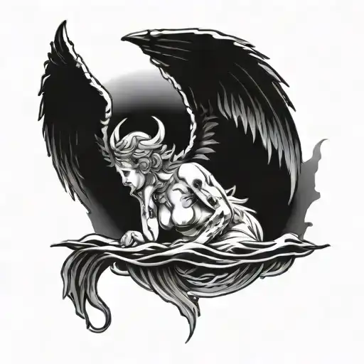 an angel looks into the water and sees the devil tattoo design idea