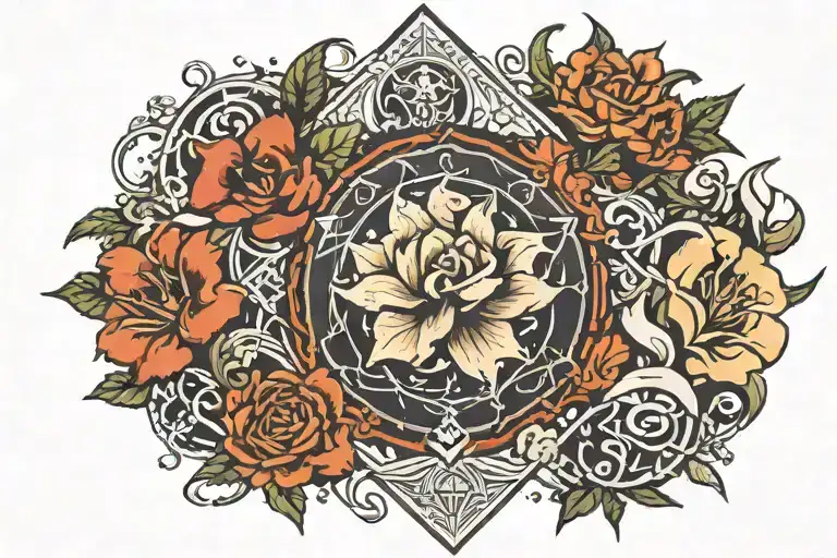 flowers with the 5 symbols of mana of magic the gathering tattoo design idea